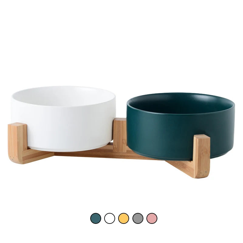 Ceramic Double Bowls with Bamboo Holder